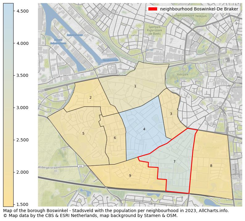 Map of the borough Boswinkel - Stadsveld with the population per neighbourhood in 2023. This page shows a lot of information about residents (such as the distribution by age groups, family composition, gender, native or Dutch with an immigration background, ...), homes (numbers, types, price development, use, type of property, ...) and more (car ownership, energy consumption, ...) based on open data from the Dutch Central Bureau of Statistics and various other sources!