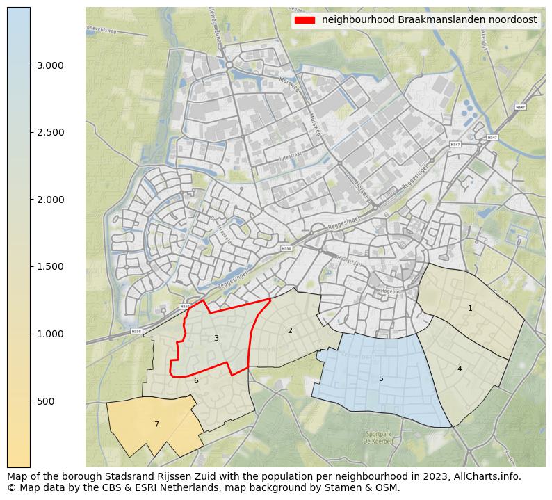 Map of the borough Stadsrand Rijssen Zuid with the population per neighbourhood in 2023. This page shows a lot of information about residents (such as the distribution by age groups, family composition, gender, native or Dutch with an immigration background, ...), homes (numbers, types, price development, use, type of property, ...) and more (car ownership, energy consumption, ...) based on open data from the Dutch Central Bureau of Statistics and various other sources!
