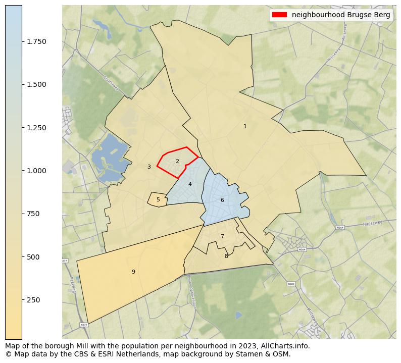 Map of the borough Mill with the population per neighbourhood in 2023. This page shows a lot of information about residents (such as the distribution by age groups, family composition, gender, native or Dutch with an immigration background, ...), homes (numbers, types, price development, use, type of property, ...) and more (car ownership, energy consumption, ...) based on open data from the Dutch Central Bureau of Statistics and various other sources!