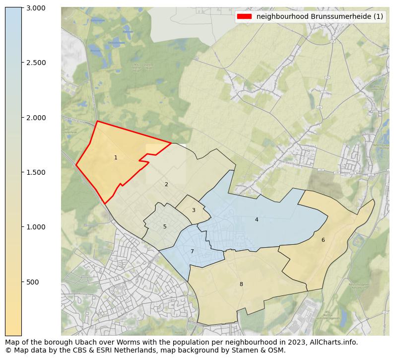 Map of the borough Ubach over Worms with the population per neighbourhood in 2023. This page shows a lot of information about residents (such as the distribution by age groups, family composition, gender, native or Dutch with an immigration background, ...), homes (numbers, types, price development, use, type of property, ...) and more (car ownership, energy consumption, ...) based on open data from the Dutch Central Bureau of Statistics and various other sources!
