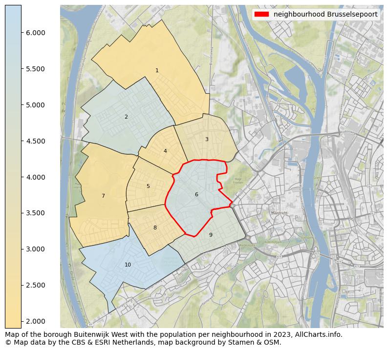 Map of the borough Buitenwijk West with the population per neighbourhood in 2023. This page shows a lot of information about residents (such as the distribution by age groups, family composition, gender, native or Dutch with an immigration background, ...), homes (numbers, types, price development, use, type of property, ...) and more (car ownership, energy consumption, ...) based on open data from the Dutch Central Bureau of Statistics and various other sources!