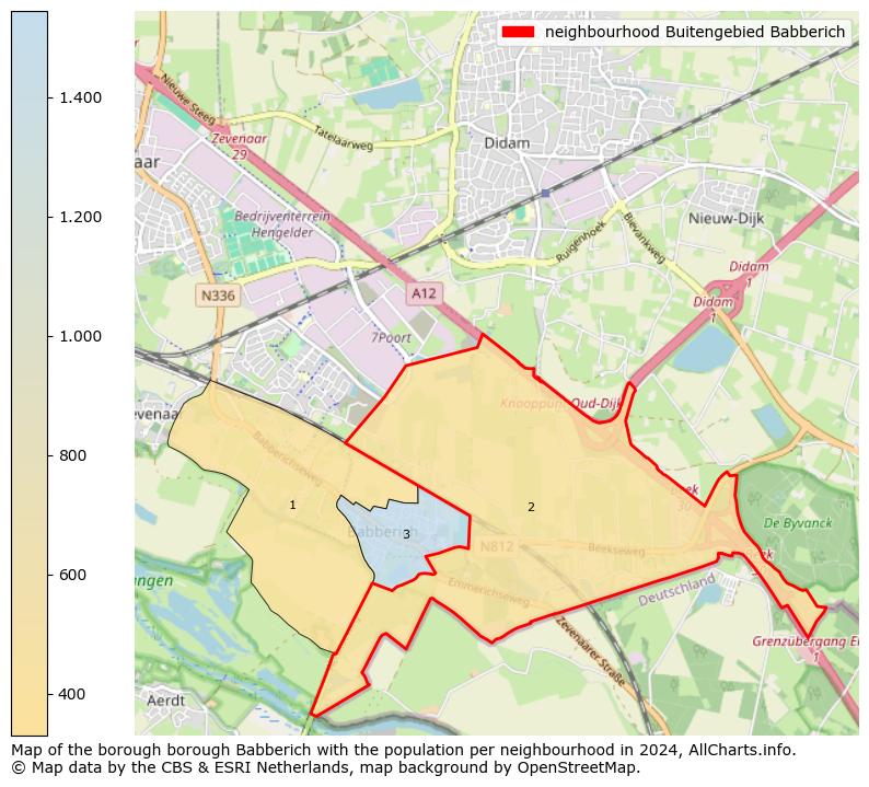 Image of the neighbourhood Buitengebied Babberich at the map. This image is used as introduction to this page. This page shows a lot of information about the population in the neighbourhood Buitengebied Babberich (such as the distribution by age groups of the residents, the composition of households, whether inhabitants are natives or Dutch with an immigration background, data about the houses (numbers, types, price development, use, type of property, ...) and more (car ownership, energy consumption, ...) based on open data from the Dutch Central Bureau of Statistics and various other sources!