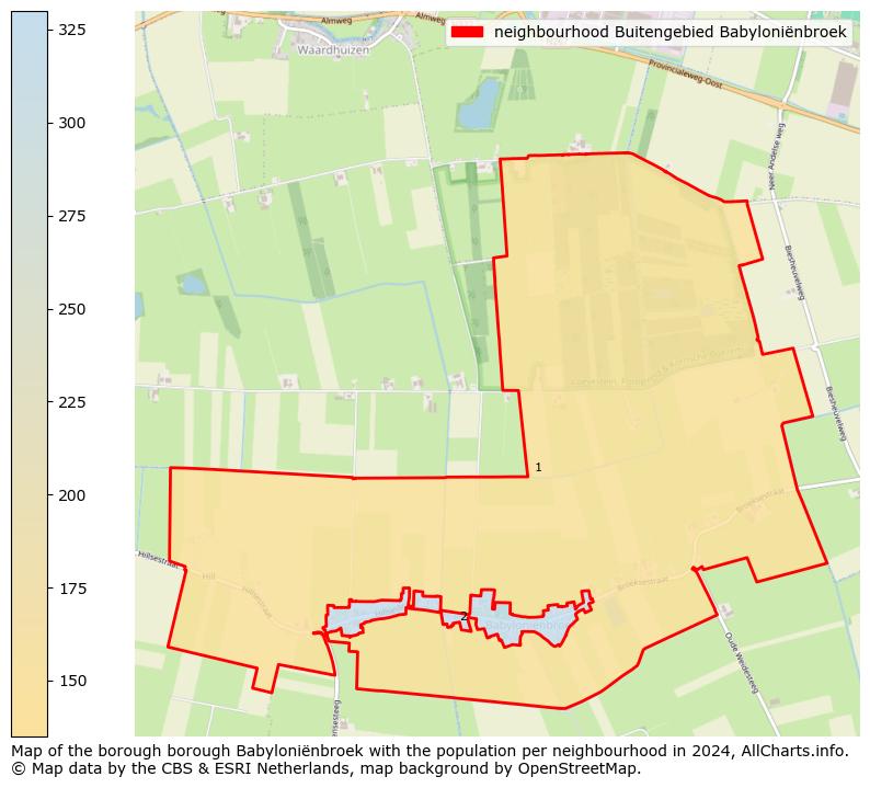 Image of the neighbourhood Buitengebied Babyloniënbroek at the map. This image is used as introduction to this page. This page shows a lot of information about the population in the neighbourhood Buitengebied Babyloniënbroek (such as the distribution by age groups of the residents, the composition of households, whether inhabitants are natives or Dutch with an immigration background, data about the houses (numbers, types, price development, use, type of property, ...) and more (car ownership, energy consumption, ...) based on open data from the Dutch Central Bureau of Statistics and various other sources!