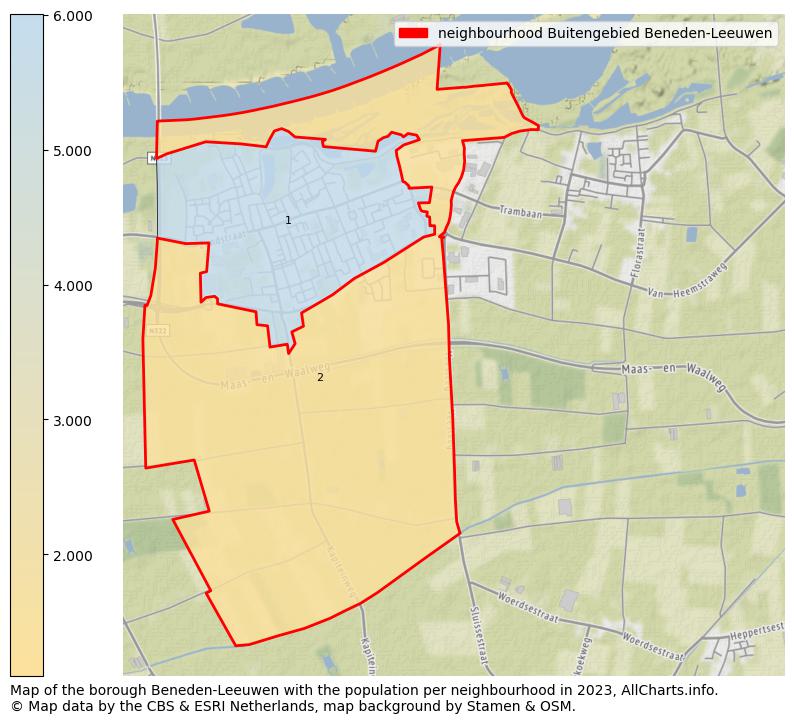 Map of the borough Beneden-Leeuwen with the population per neighbourhood in 2023. This page shows a lot of information about residents (such as the distribution by age groups, family composition, gender, native or Dutch with an immigration background, ...), homes (numbers, types, price development, use, type of property, ...) and more (car ownership, energy consumption, ...) based on open data from the Dutch Central Bureau of Statistics and various other sources!