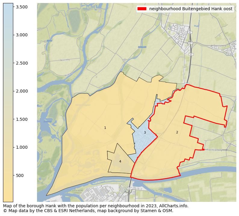 Map of the borough Hank with the population per neighbourhood in 2023. This page shows a lot of information about residents (such as the distribution by age groups, family composition, gender, native or Dutch with an immigration background, ...), homes (numbers, types, price development, use, type of property, ...) and more (car ownership, energy consumption, ...) based on open data from the Dutch Central Bureau of Statistics and various other sources!