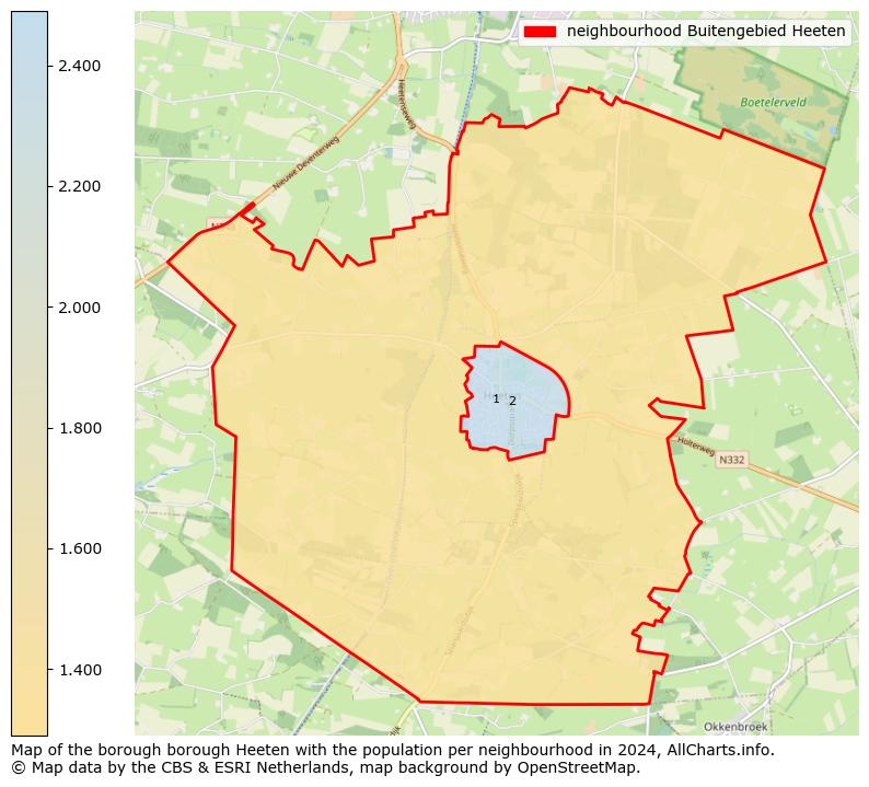 Image of the neighbourhood Buitengebied Heeten at the map. This image is used as introduction to this page. This page shows a lot of information about the population in the neighbourhood Buitengebied Heeten (such as the distribution by age groups of the residents, the composition of households, whether inhabitants are natives or Dutch with an immigration background, data about the houses (numbers, types, price development, use, type of property, ...) and more (car ownership, energy consumption, ...) based on open data from the Dutch Central Bureau of Statistics and various other sources!