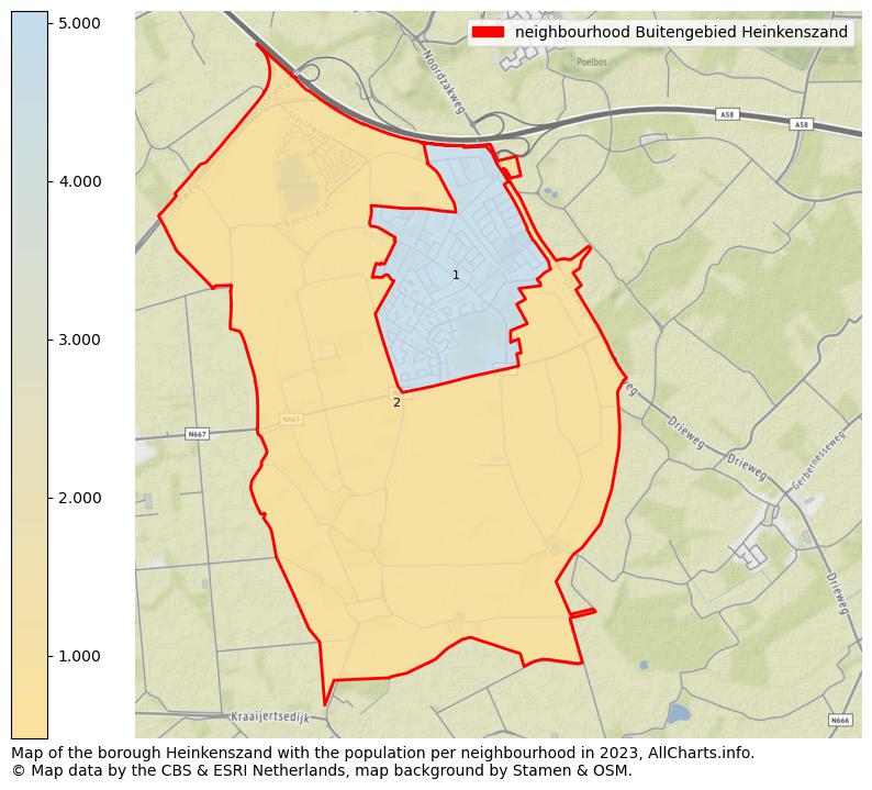 Map of the borough Heinkenszand with the population per neighbourhood in 2021. This page shows a lot of information about residents (such as the distribution by age groups, family composition, gender, native or Dutch with an immigration background, ...), homes (numbers, types, price development, use, type of property, ...) and more (car ownership, energy consumption, ...) based on open data from the Dutch Central Bureau of Statistics and various other sources!