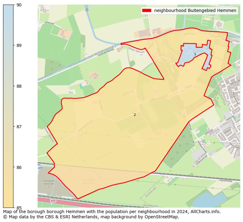 Image of the neighbourhood Buitengebied Hemmen at the map. This image is used as introduction to this page. This page shows a lot of information about the population in the neighbourhood Buitengebied Hemmen (such as the distribution by age groups of the residents, the composition of households, whether inhabitants are natives or Dutch with an immigration background, data about the houses (numbers, types, price development, use, type of property, ...) and more (car ownership, energy consumption, ...) based on open data from the Dutch Central Bureau of Statistics and various other sources!