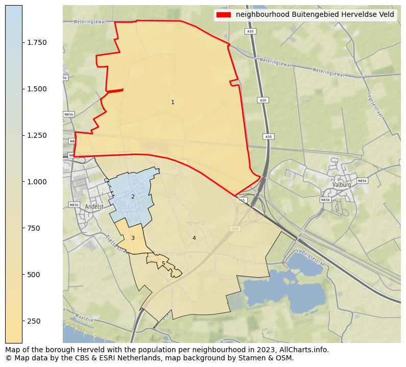 Map of the borough Herveld with the population per neighbourhood in 2023. This page shows a lot of information about residents (such as the distribution by age groups, family composition, gender, native or Dutch with an immigration background, ...), homes (numbers, types, price development, use, type of property, ...) and more (car ownership, energy consumption, ...) based on open data from the Dutch Central Bureau of Statistics and various other sources!