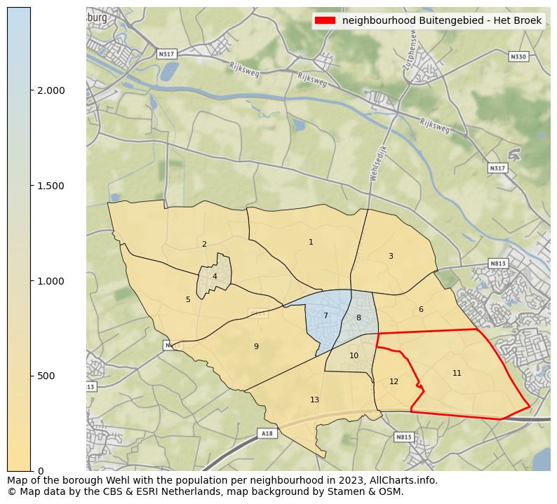 Map of the borough Wehl with the population per neighbourhood in 2023. This page shows a lot of information about residents (such as the distribution by age groups, family composition, gender, native or Dutch with an immigration background, ...), homes (numbers, types, price development, use, type of property, ...) and more (car ownership, energy consumption, ...) based on open data from the Dutch Central Bureau of Statistics and various other sources!