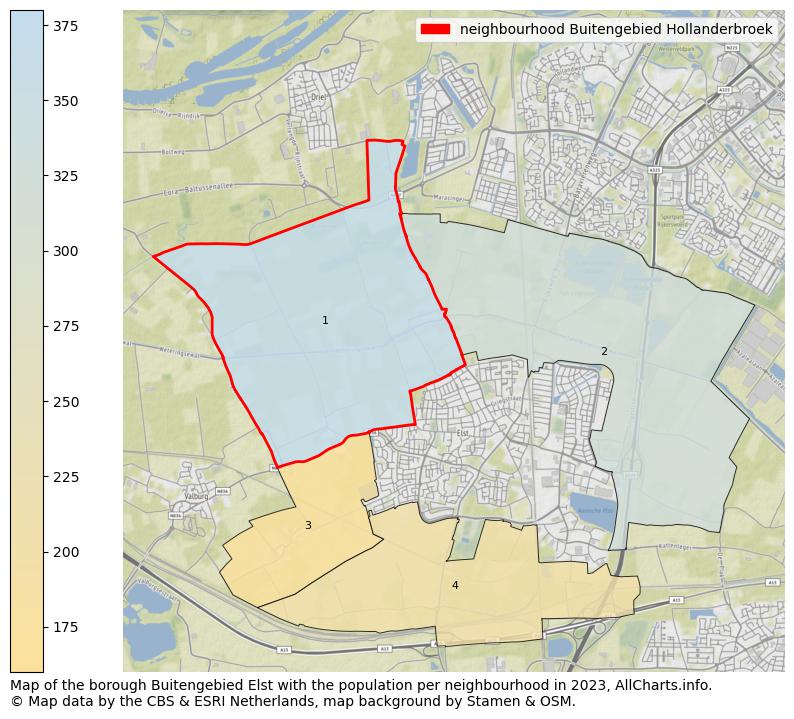 Map of the borough Buitengebied Elst with the population per neighbourhood in 2023. This page shows a lot of information about residents (such as the distribution by age groups, family composition, gender, native or Dutch with an immigration background, ...), homes (numbers, types, price development, use, type of property, ...) and more (car ownership, energy consumption, ...) based on open data from the Dutch Central Bureau of Statistics and various other sources!