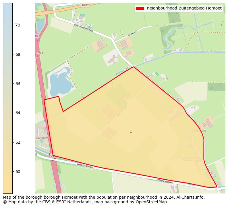 Image of the neighbourhood Buitengebied Homoet at the map. This image is used as introduction to this page. This page shows a lot of information about the population in the neighbourhood Buitengebied Homoet (such as the distribution by age groups of the residents, the composition of households, whether inhabitants are natives or Dutch with an immigration background, data about the houses (numbers, types, price development, use, type of property, ...) and more (car ownership, energy consumption, ...) based on open data from the Dutch Central Bureau of Statistics and various other sources!