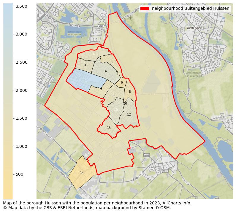 Map of the borough Huissen with the population per neighbourhood in 2023. This page shows a lot of information about residents (such as the distribution by age groups, family composition, gender, native or Dutch with an immigration background, ...), homes (numbers, types, price development, use, type of property, ...) and more (car ownership, energy consumption, ...) based on open data from the Dutch Central Bureau of Statistics and various other sources!