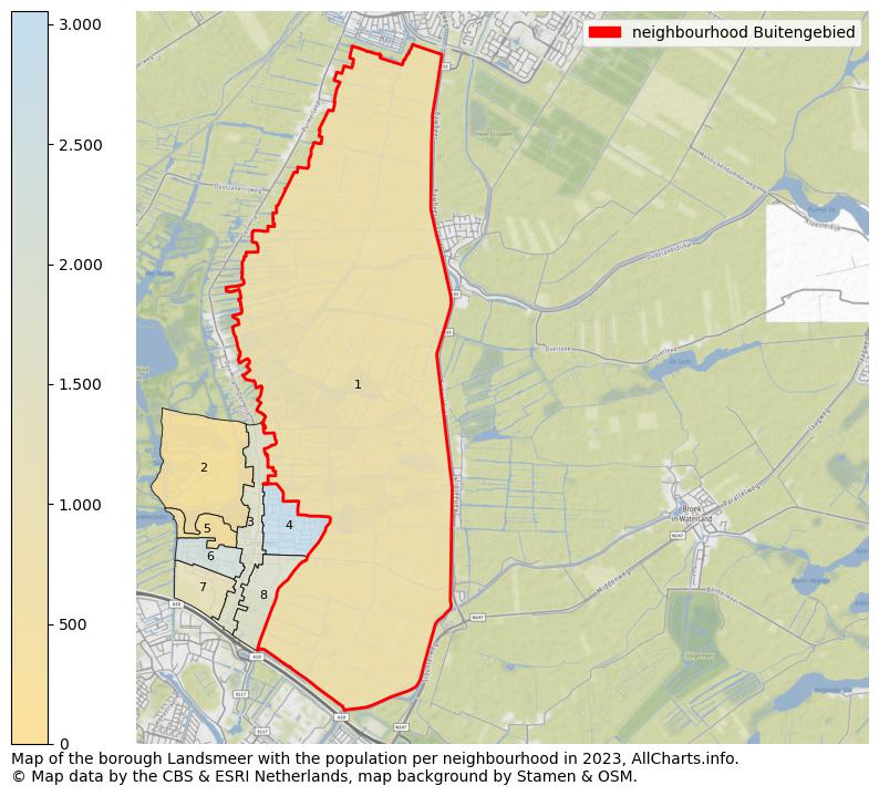 Map of the borough Landsmeer with the population per neighbourhood in 2023. This page shows a lot of information about residents (such as the distribution by age groups, family composition, gender, native or Dutch with an immigration background, ...), homes (numbers, types, price development, use, type of property, ...) and more (car ownership, energy consumption, ...) based on open data from the Dutch Central Bureau of Statistics and various other sources!