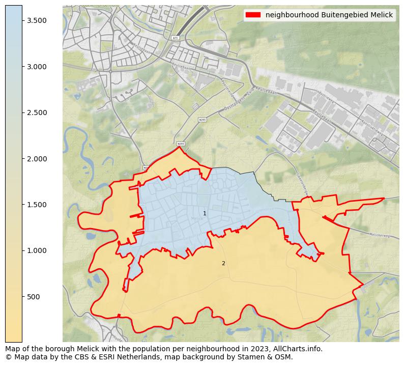 Map of the borough Melick with the population per neighbourhood in 2023. This page shows a lot of information about residents (such as the distribution by age groups, family composition, gender, native or Dutch with an immigration background, ...), homes (numbers, types, price development, use, type of property, ...) and more (car ownership, energy consumption, ...) based on open data from the Dutch Central Bureau of Statistics and various other sources!