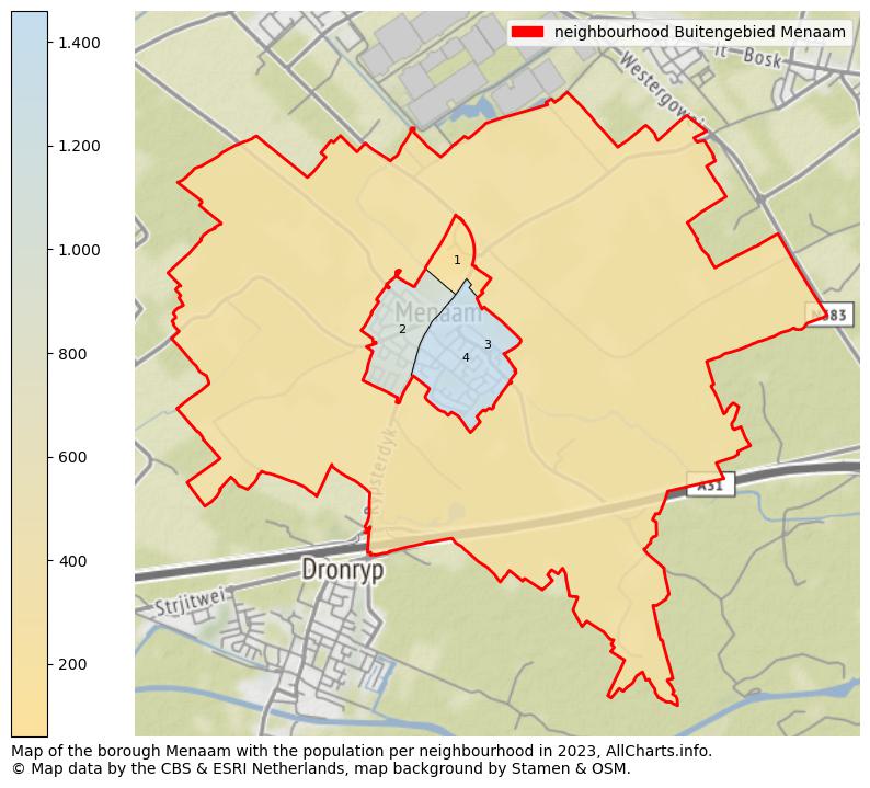 Map of the borough Menaam with the population per neighbourhood in 2023. This page shows a lot of information about residents (such as the distribution by age groups, family composition, gender, native or Dutch with an immigration background, ...), homes (numbers, types, price development, use, type of property, ...) and more (car ownership, energy consumption, ...) based on open data from the Dutch Central Bureau of Statistics and various other sources!