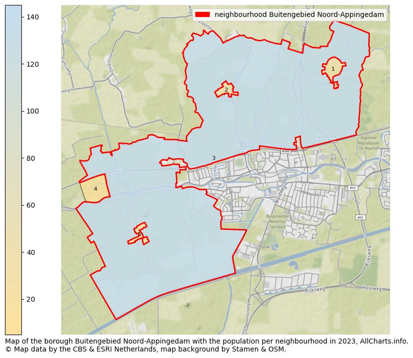Map of the borough Buitengebied Noord-Appingedam with the population per neighbourhood in 2023. This page shows a lot of information about residents (such as the distribution by age groups, family composition, gender, native or Dutch with an immigration background, ...), homes (numbers, types, price development, use, type of property, ...) and more (car ownership, energy consumption, ...) based on open data from the Dutch Central Bureau of Statistics and various other sources!