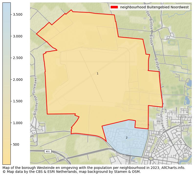 Map of the borough Westeinde en omgeving with the population per neighbourhood in 2023. This page shows a lot of information about residents (such as the distribution by age groups, family composition, gender, native or Dutch with an immigration background, ...), homes (numbers, types, price development, use, type of property, ...) and more (car ownership, energy consumption, ...) based on open data from the Dutch Central Bureau of Statistics and various other sources!