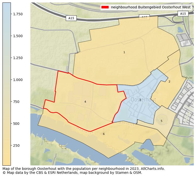 Map of the borough Oosterhout with the population per neighbourhood in 2023. This page shows a lot of information about residents (such as the distribution by age groups, family composition, gender, native or Dutch with an immigration background, ...), homes (numbers, types, price development, use, type of property, ...) and more (car ownership, energy consumption, ...) based on open data from the Dutch Central Bureau of Statistics and various other sources!