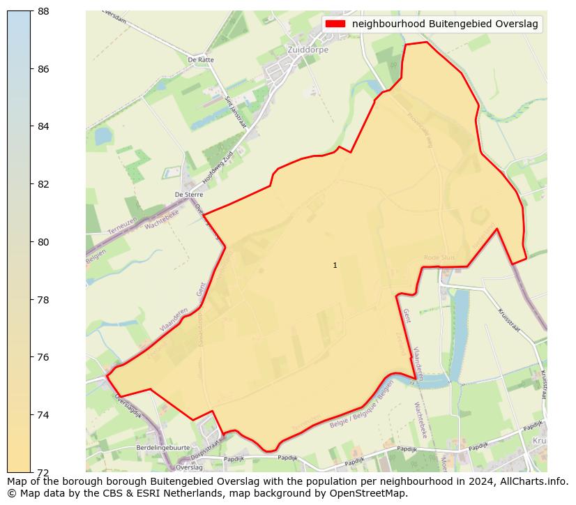 Image of the neighbourhood Buitengebied Overslag at the map. This image is used as introduction to this page. This page shows a lot of information about the population in the neighbourhood Buitengebied Overslag (such as the distribution by age groups of the residents, the composition of households, whether inhabitants are natives or Dutch with an immigration background, data about the houses (numbers, types, price development, use, type of property, ...) and more (car ownership, energy consumption, ...) based on open data from the Dutch Central Bureau of Statistics and various other sources!