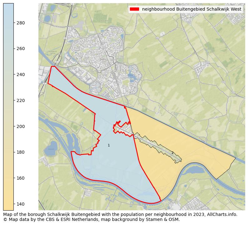 Map of the borough Schalkwijk Buitengebied with the population per neighbourhood in 2023. This page shows a lot of information about residents (such as the distribution by age groups, family composition, gender, native or Dutch with an immigration background, ...), homes (numbers, types, price development, use, type of property, ...) and more (car ownership, energy consumption, ...) based on open data from the Dutch Central Bureau of Statistics and various other sources!