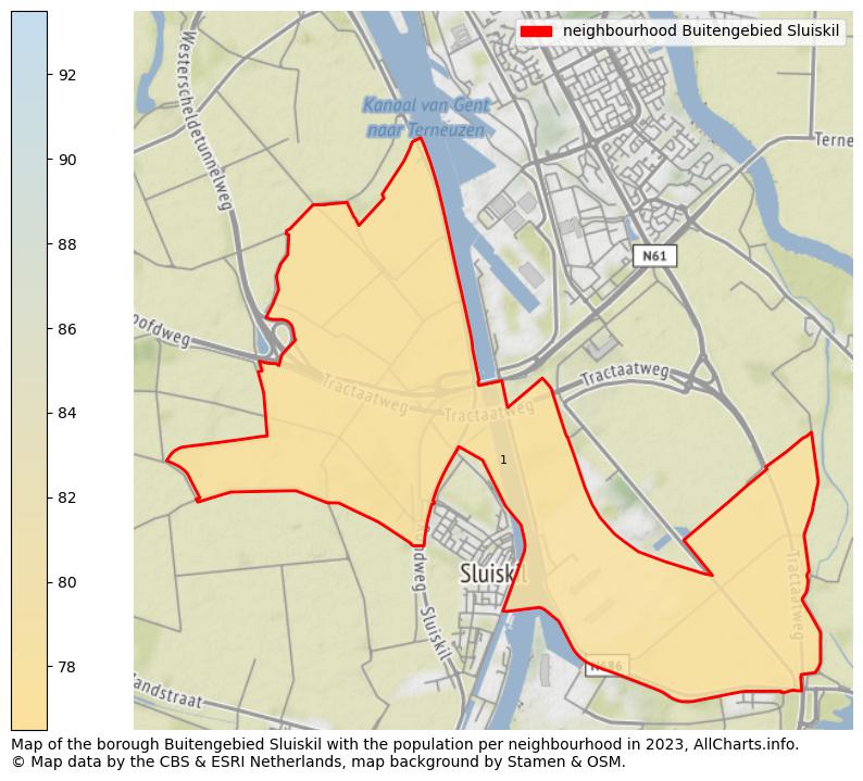 Map of the borough Buitengebied Sluiskil with the population per neighbourhood in 2023. This page shows a lot of information about residents (such as the distribution by age groups, family composition, gender, native or Dutch with an immigration background, ...), homes (numbers, types, price development, use, type of property, ...) and more (car ownership, energy consumption, ...) based on open data from the Dutch Central Bureau of Statistics and various other sources!