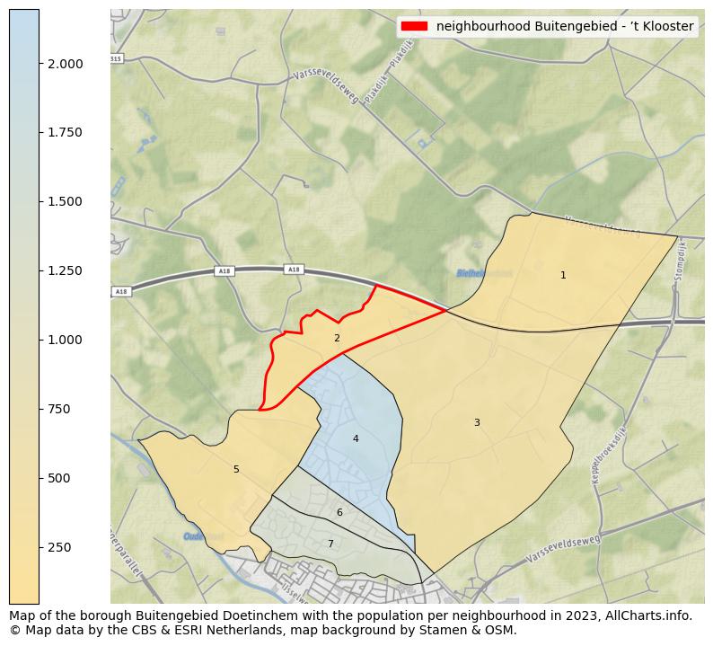 Map of the borough Buitengebied Doetinchem with the population per neighbourhood in 2023. This page shows a lot of information about residents (such as the distribution by age groups, family composition, gender, native or Dutch with an immigration background, ...), homes (numbers, types, price development, use, type of property, ...) and more (car ownership, energy consumption, ...) based on open data from the Dutch Central Bureau of Statistics and various other sources!