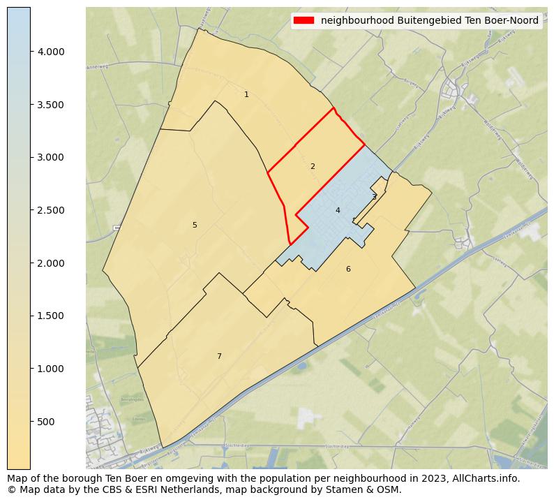 Map of the borough Ten Boer en omgeving with the population per neighbourhood in 2023. This page shows a lot of information about residents (such as the distribution by age groups, family composition, gender, native or Dutch with an immigration background, ...), homes (numbers, types, price development, use, type of property, ...) and more (car ownership, energy consumption, ...) based on open data from the Dutch Central Bureau of Statistics and various other sources!