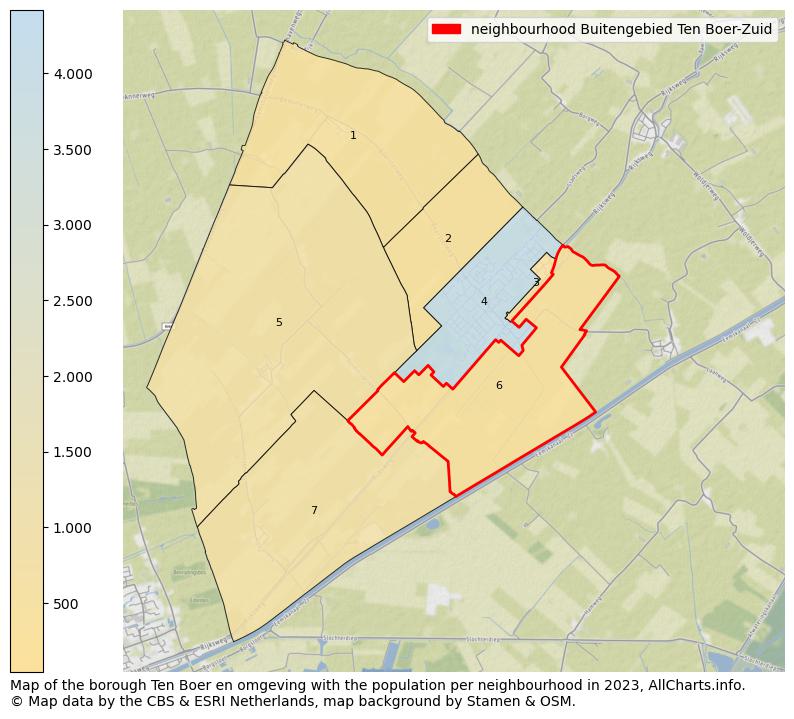Map of the borough Ten Boer en omgeving with the population per neighbourhood in 2022. This page shows a lot of information about residents (such as the distribution by age groups, family composition, gender, native or Dutch with an immigration background, ...), homes (numbers, types, price development, use, type of property, ...) and more (car ownership, energy consumption, ...) based on open data from the Dutch Central Bureau of Statistics and various other sources!