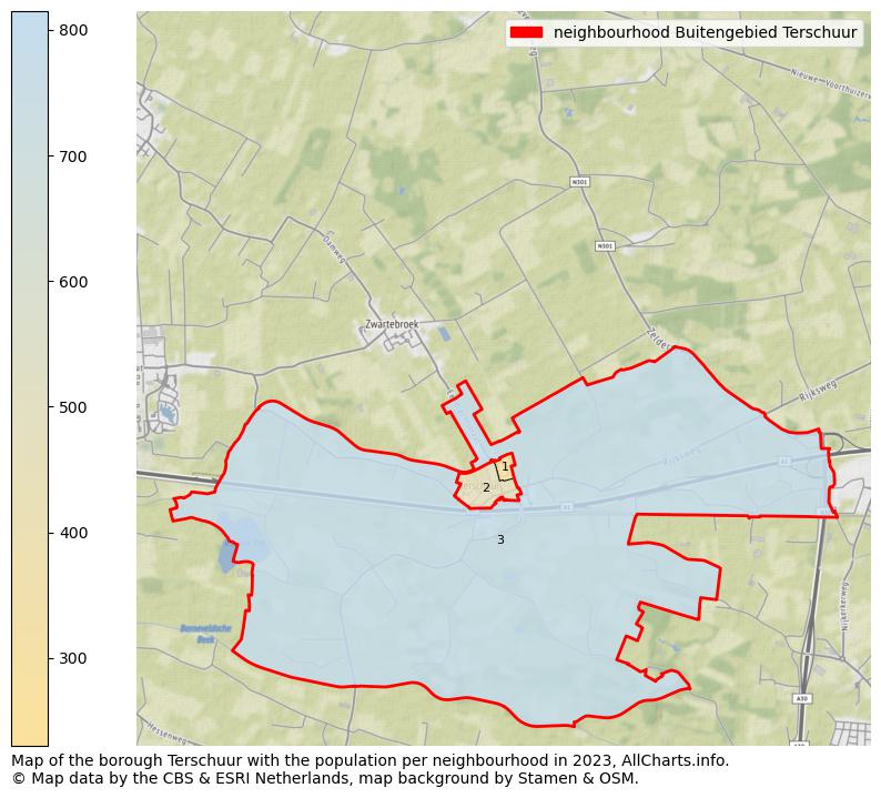 Map of the borough Terschuur with the population per neighbourhood in 2022. This page shows a lot of information about residents (such as the distribution by age groups, family composition, gender, native or Dutch with an immigration background, ...), homes (numbers, types, price development, use, type of property, ...) and more (car ownership, energy consumption, ...) based on open data from the Dutch Central Bureau of Statistics and various other sources!