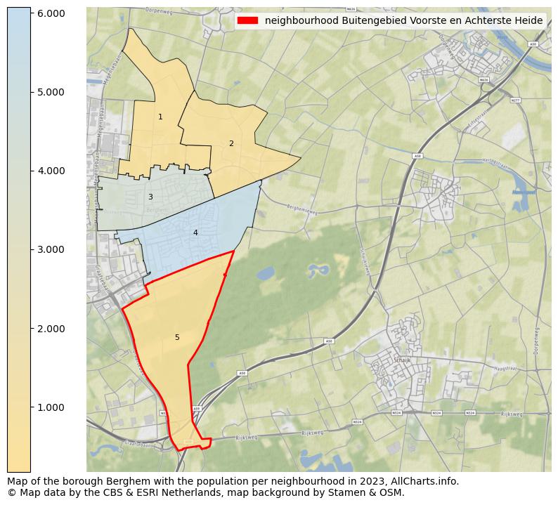 Map of the borough Berghem with the population per neighbourhood in 2023. This page shows a lot of information about residents (such as the distribution by age groups, family composition, gender, native or Dutch with an immigration background, ...), homes (numbers, types, price development, use, type of property, ...) and more (car ownership, energy consumption, ...) based on open data from the Dutch Central Bureau of Statistics and various other sources!