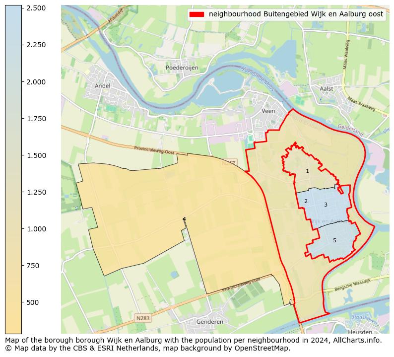 Image of the neighbourhood Buitengebied Wijk en Aalburg oost at the map. This image is used as introduction to this page. This page shows a lot of information about the population in the neighbourhood Buitengebied Wijk en Aalburg oost (such as the distribution by age groups of the residents, the composition of households, whether inhabitants are natives or Dutch with an immigration background, data about the houses (numbers, types, price development, use, type of property, ...) and more (car ownership, energy consumption, ...) based on open data from the Dutch Central Bureau of Statistics and various other sources!