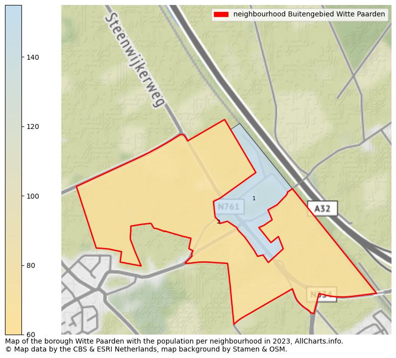 Map of the borough Witte Paarden with the population per neighbourhood in 2023. This page shows a lot of information about residents (such as the distribution by age groups, family composition, gender, native or Dutch with an immigration background, ...), homes (numbers, types, price development, use, type of property, ...) and more (car ownership, energy consumption, ...) based on open data from the Dutch Central Bureau of Statistics and various other sources!