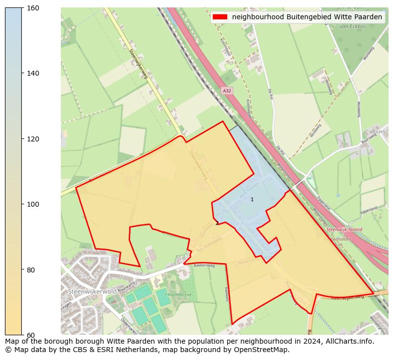 Image of the neighbourhood Buitengebied Witte Paarden at the map. This image is used as introduction to this page. This page shows a lot of information about the population in the neighbourhood Buitengebied Witte Paarden (such as the distribution by age groups of the residents, the composition of households, whether inhabitants are natives or Dutch with an immigration background, data about the houses (numbers, types, price development, use, type of property, ...) and more (car ownership, energy consumption, ...) based on open data from the Dutch Central Bureau of Statistics and various other sources!