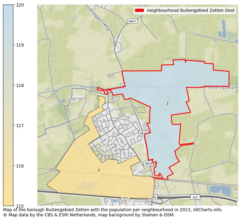 Map of the borough Buitengebied Zetten with the population per neighbourhood in 2023. This page shows a lot of information about residents (such as the distribution by age groups, family composition, gender, native or Dutch with an immigration background, ...), homes (numbers, types, price development, use, type of property, ...) and more (car ownership, energy consumption, ...) based on open data from the Dutch Central Bureau of Statistics and various other sources!