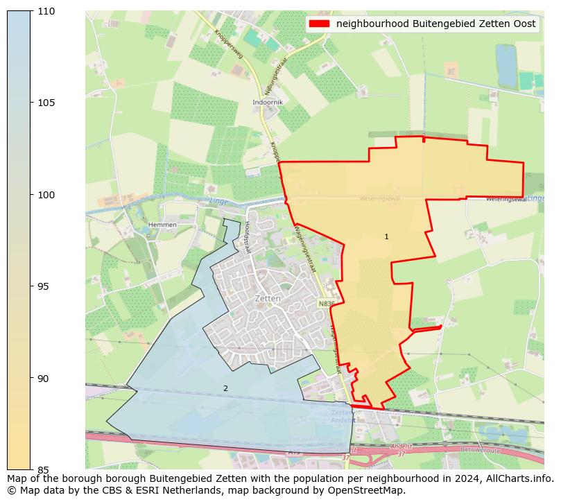 Image of the neighbourhood Buitengebied Zetten Oost at the map. This image is used as introduction to this page. This page shows a lot of information about the population in the neighbourhood Buitengebied Zetten Oost (such as the distribution by age groups of the residents, the composition of households, whether inhabitants are natives or Dutch with an immigration background, data about the houses (numbers, types, price development, use, type of property, ...) and more (car ownership, energy consumption, ...) based on open data from the Dutch Central Bureau of Statistics and various other sources!