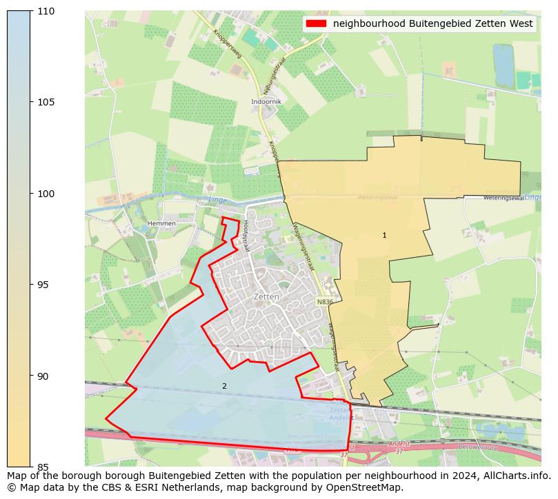 Image of the neighbourhood Buitengebied Zetten West at the map. This image is used as introduction to this page. This page shows a lot of information about the population in the neighbourhood Buitengebied Zetten West (such as the distribution by age groups of the residents, the composition of households, whether inhabitants are natives or Dutch with an immigration background, data about the houses (numbers, types, price development, use, type of property, ...) and more (car ownership, energy consumption, ...) based on open data from the Dutch Central Bureau of Statistics and various other sources!