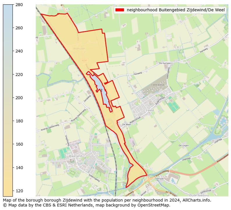 Image of the neighbourhood Buitengebied Zijdewind/De Weel at the map. This image is used as introduction to this page. This page shows a lot of information about the population in the neighbourhood Buitengebied Zijdewind/De Weel (such as the distribution by age groups of the residents, the composition of households, whether inhabitants are natives or Dutch with an immigration background, data about the houses (numbers, types, price development, use, type of property, ...) and more (car ownership, energy consumption, ...) based on open data from the Dutch Central Bureau of Statistics and various other sources!