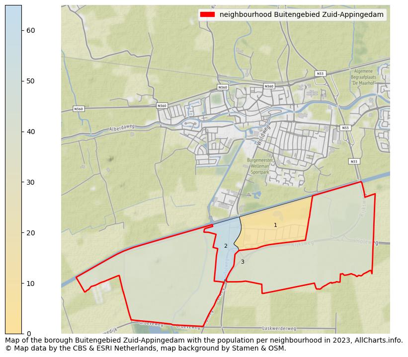Map of the borough Buitengebied Zuid-Appingedam with the population per neighbourhood in 2023. This page shows a lot of information about residents (such as the distribution by age groups, family composition, gender, native or Dutch with an immigration background, ...), homes (numbers, types, price development, use, type of property, ...) and more (car ownership, energy consumption, ...) based on open data from the Dutch Central Bureau of Statistics and various other sources!