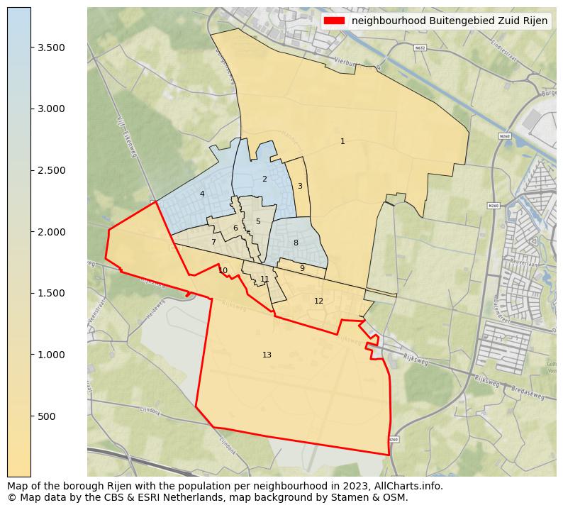 Map of the borough Rijen with the population per neighbourhood in 2023. This page shows a lot of information about residents (such as the distribution by age groups, family composition, gender, native or Dutch with an immigration background, ...), homes (numbers, types, price development, use, type of property, ...) and more (car ownership, energy consumption, ...) based on open data from the Dutch Central Bureau of Statistics and various other sources!
