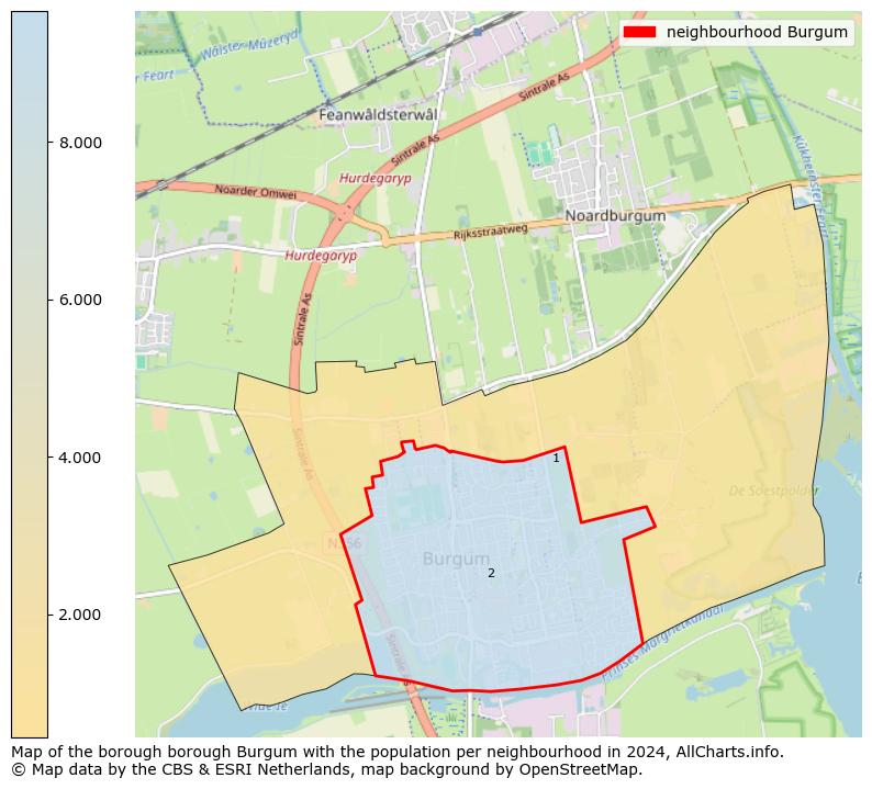 Image of the neighbourhood Burgum at the map. This image is used as introduction to this page. This page shows a lot of information about the population in the neighbourhood Burgum (such as the distribution by age groups of the residents, the composition of households, whether inhabitants are natives or Dutch with an immigration background, data about the houses (numbers, types, price development, use, type of property, ...) and more (car ownership, energy consumption, ...) based on open data from the Dutch Central Bureau of Statistics and various other sources!