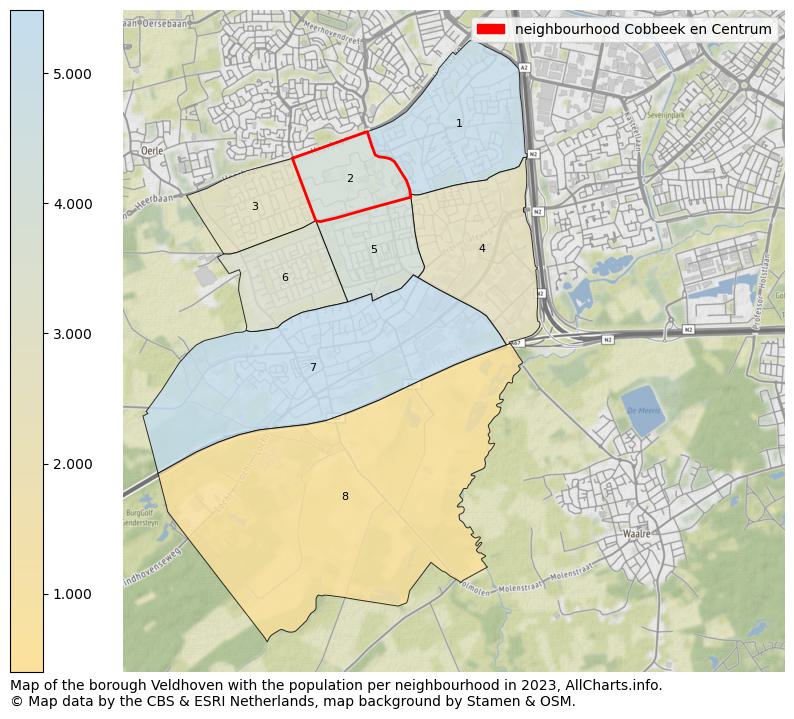 Map of the borough Veldhoven with the population per neighbourhood in 2023. This page shows a lot of information about residents (such as the distribution by age groups, family composition, gender, native or Dutch with an immigration background, ...), homes (numbers, types, price development, use, type of property, ...) and more (car ownership, energy consumption, ...) based on open data from the Dutch Central Bureau of Statistics and various other sources!