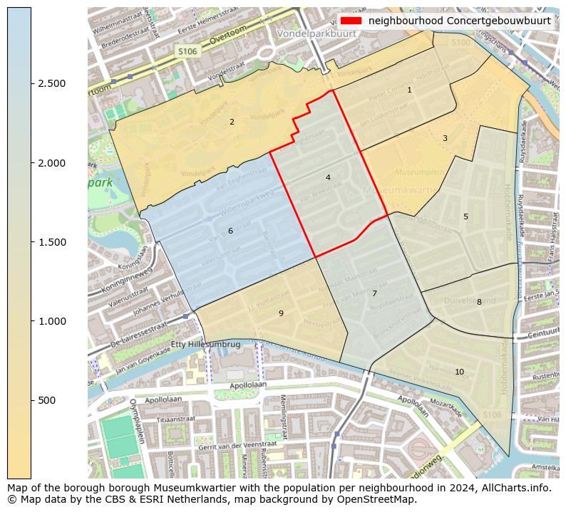 Image of the neighbourhood Concertgebouwbuurt at the map. This image is used as introduction to this page. This page shows a lot of information about the population in the neighbourhood Concertgebouwbuurt (such as the distribution by age groups of the residents, the composition of households, whether inhabitants are natives or Dutch with an immigration background, data about the houses (numbers, types, price development, use, type of property, ...) and more (car ownership, energy consumption, ...) based on open data from the Dutch Central Bureau of Statistics and various other sources!