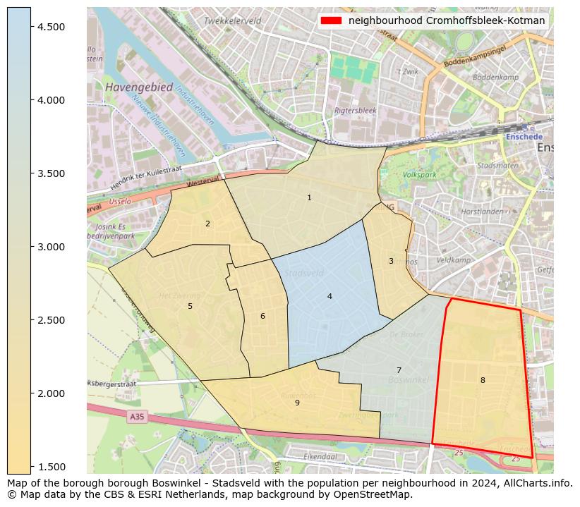 Image of the neighbourhood Cromhoffsbleek-Kotman at the map. This image is used as introduction to this page. This page shows a lot of information about the population in the neighbourhood Cromhoffsbleek-Kotman (such as the distribution by age groups of the residents, the composition of households, whether inhabitants are natives or Dutch with an immigration background, data about the houses (numbers, types, price development, use, type of property, ...) and more (car ownership, energy consumption, ...) based on open data from the Dutch Central Bureau of Statistics and various other sources!