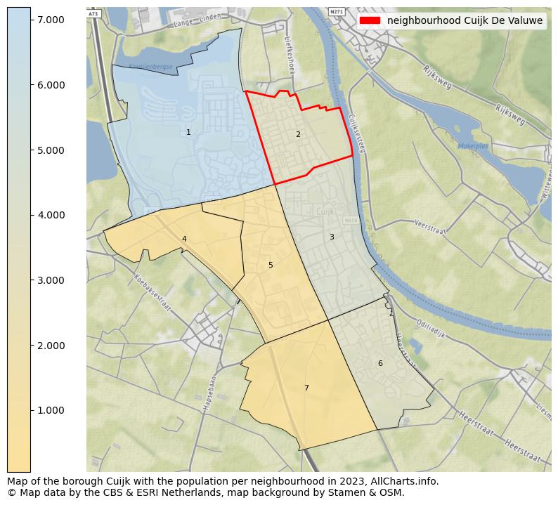 Map of the borough Cuijk with the population per neighbourhood in 2023. This page shows a lot of information about residents (such as the distribution by age groups, family composition, gender, native or Dutch with an immigration background, ...), homes (numbers, types, price development, use, type of property, ...) and more (car ownership, energy consumption, ...) based on open data from the Dutch Central Bureau of Statistics and various other sources!