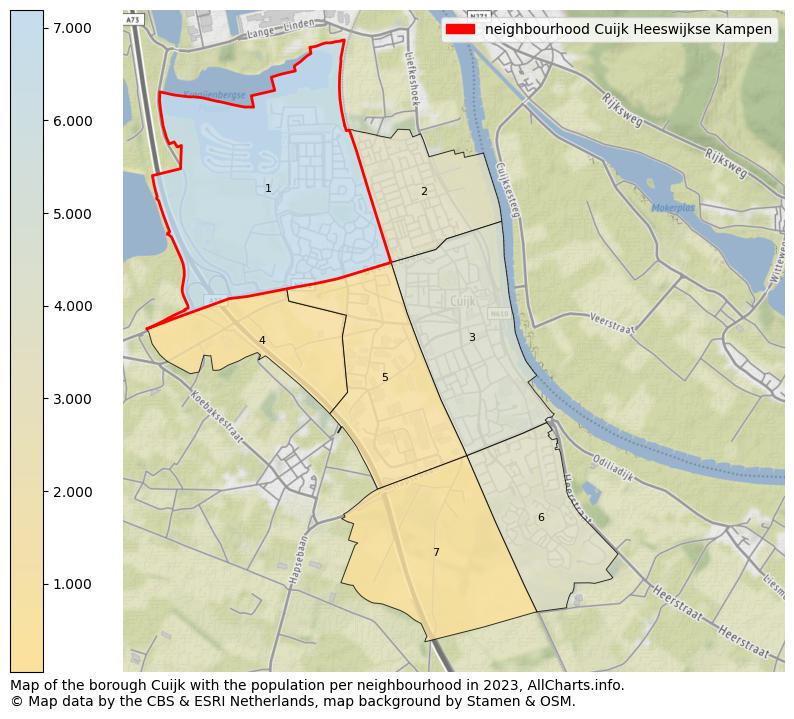 Map of the borough Cuijk with the population per neighbourhood in 2023. This page shows a lot of information about residents (such as the distribution by age groups, family composition, gender, native or Dutch with an immigration background, ...), homes (numbers, types, price development, use, type of property, ...) and more (car ownership, energy consumption, ...) based on open data from the Dutch Central Bureau of Statistics and various other sources!