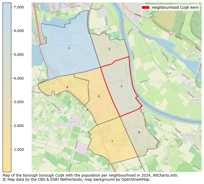 Image of the neighbourhood Cuijk kern at the map. This image is used as introduction to this page. This page shows a lot of information about the population in the neighbourhood Cuijk kern (such as the distribution by age groups of the residents, the composition of households, whether inhabitants are natives or Dutch with an immigration background, data about the houses (numbers, types, price development, use, type of property, ...) and more (car ownership, energy consumption, ...) based on open data from the Dutch Central Bureau of Statistics and various other sources!