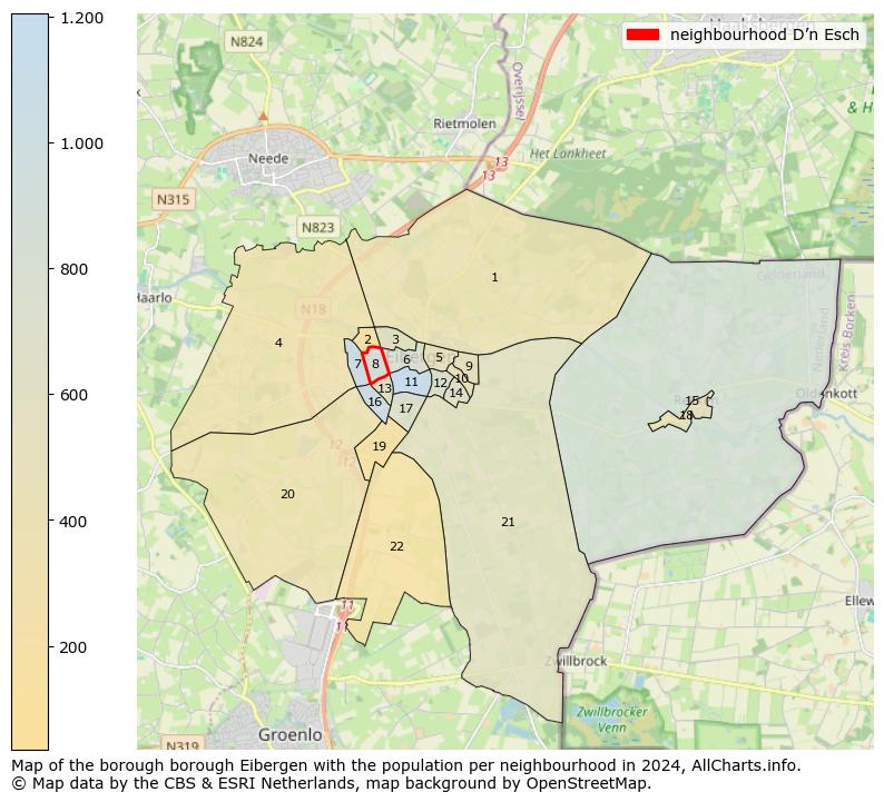 Image of the neighbourhood D’n Esch at the map. This image is used as introduction to this page. This page shows a lot of information about the population in the neighbourhood D’n Esch (such as the distribution by age groups of the residents, the composition of households, whether inhabitants are natives or Dutch with an immigration background, data about the houses (numbers, types, price development, use, type of property, ...) and more (car ownership, energy consumption, ...) based on open data from the Dutch Central Bureau of Statistics and various other sources!