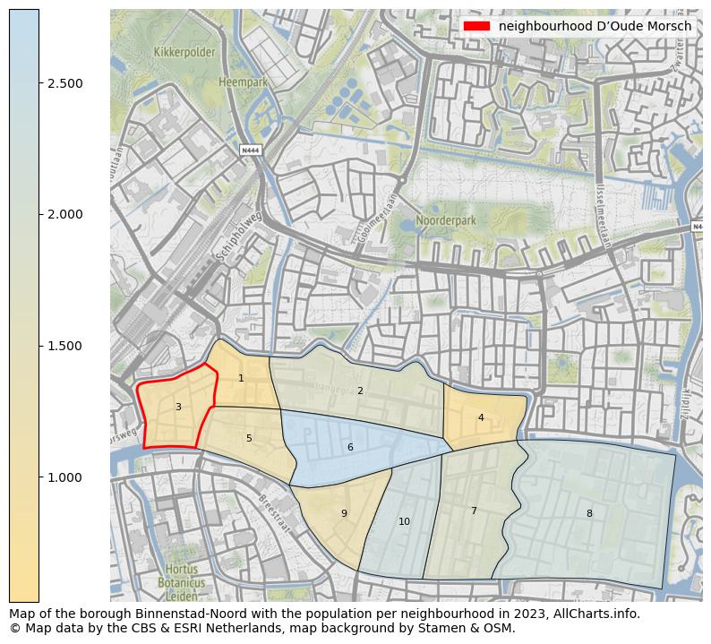Map of the borough Binnenstad-Noord with the population per neighbourhood in 2023. This page shows a lot of information about residents (such as the distribution by age groups, family composition, gender, native or Dutch with an immigration background, ...), homes (numbers, types, price development, use, type of property, ...) and more (car ownership, energy consumption, ...) based on open data from the Dutch Central Bureau of Statistics and various other sources!