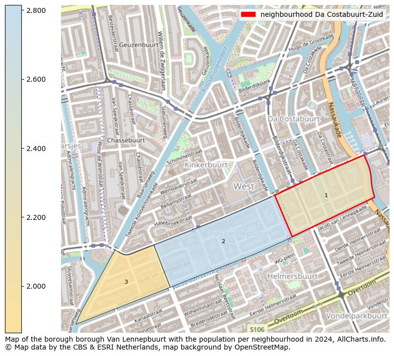 Image of the neighbourhood Da Costabuurt-Zuid at the map. This image is used as introduction to this page. This page shows a lot of information about the population in the neighbourhood Da Costabuurt-Zuid (such as the distribution by age groups of the residents, the composition of households, whether inhabitants are natives or Dutch with an immigration background, data about the houses (numbers, types, price development, use, type of property, ...) and more (car ownership, energy consumption, ...) based on open data from the Dutch Central Bureau of Statistics and various other sources!